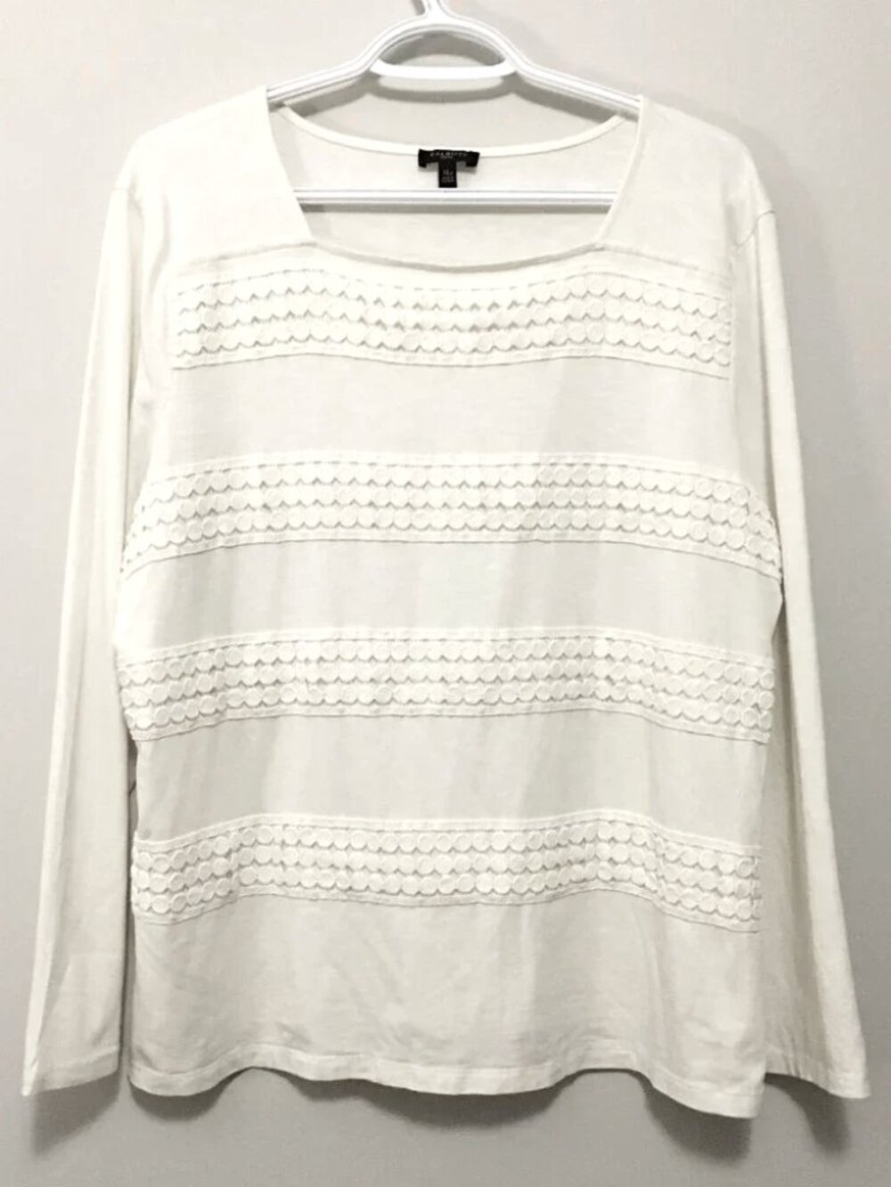 Talbots Cream Embroidery Banded Square Neck Long Sleeve Cotton Modal Top XL P